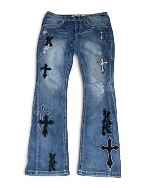 Ninth Hall Signal Crosses Blue Flared Jeans 36x36 Embroidered Stacked